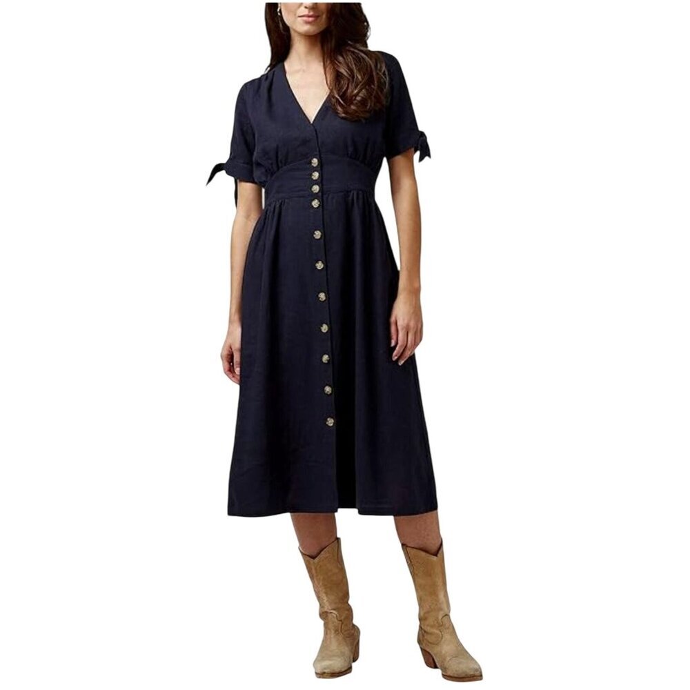 LocachyBuffalo Black womens Mariposa V Neck Button Front Dress Linen Size S